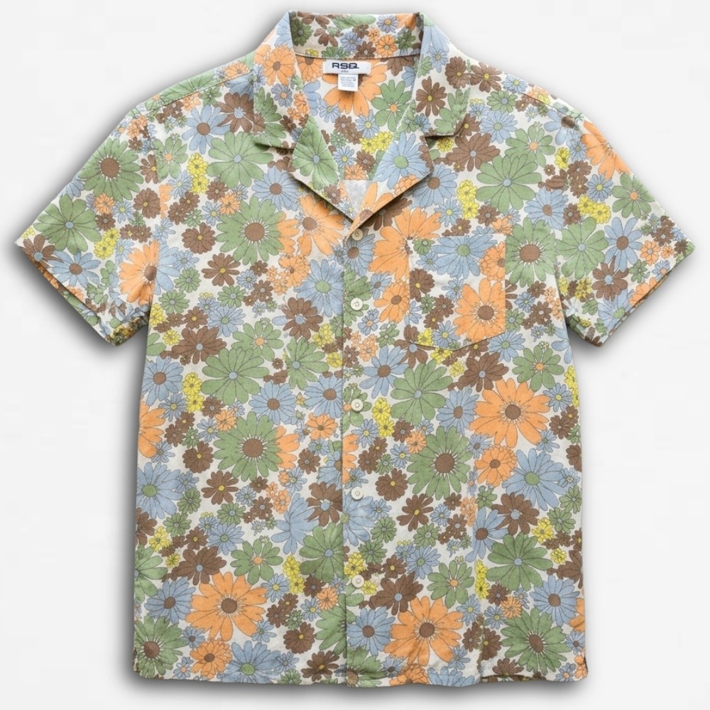 RSQ Womens Floral Daisy Button Down Shirt Retro 70s Camp Collar Short Sleeve S
